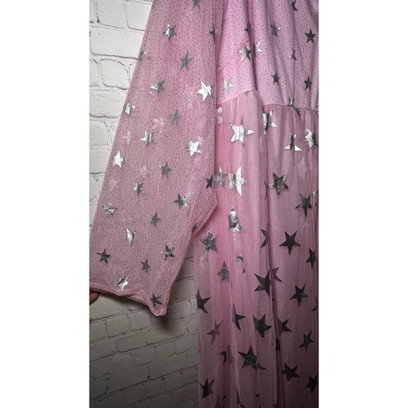 X Plus Wear Pink Silver Star Tulle Mesh Maxi Dress Long Sleeve V Neck Plus SZ 4X - Picture 4 of 8